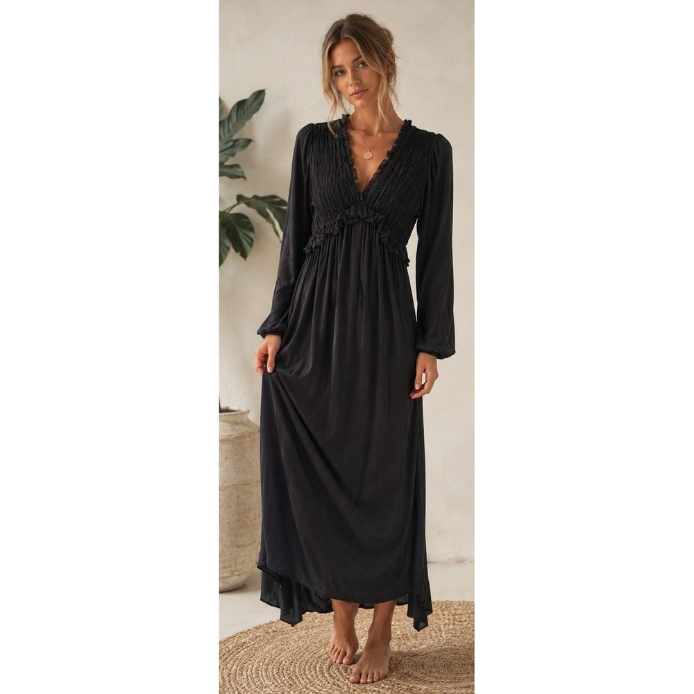 MEO MELI Smocked V-Neck Fringe Trim Satin Flowy Maxi Dress Made In Italy Black M